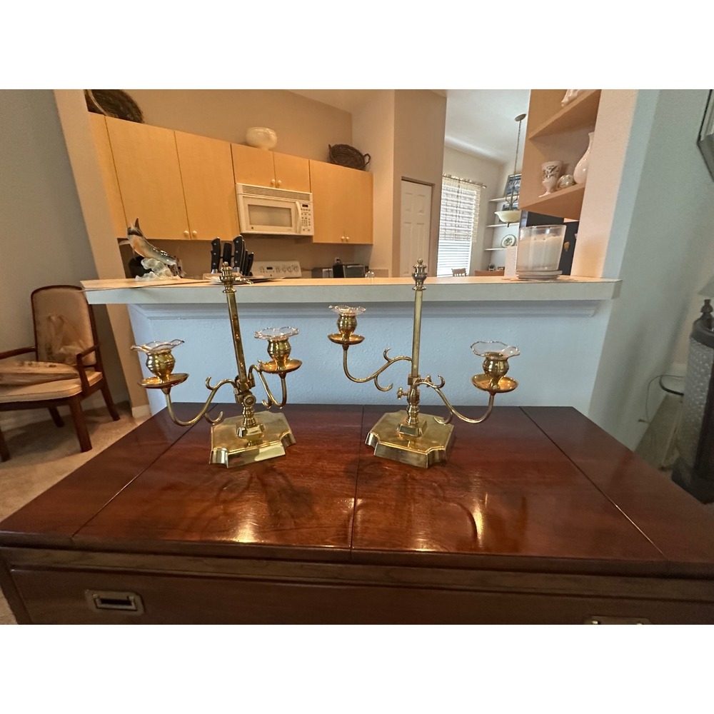 Vintage Pair Brass Adjustable 2-Light Candelabras Glass Bobeches 17" Tall